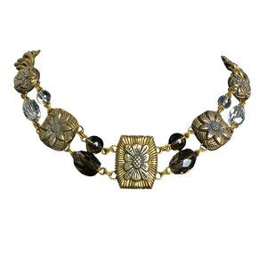 Vintage Floral Bass Tone & Glass Faceted Beaded Necklace